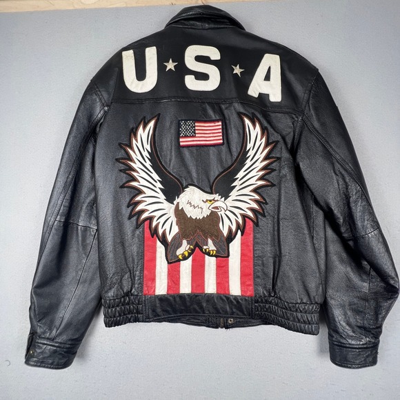 Other - Leather Bomber Jacket Mens L Black USA Eagle Patriotic Biker Vintage Rocker